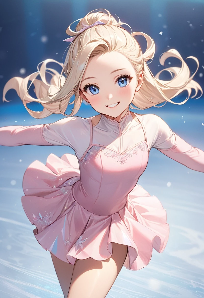 A 20-year-old girl with wavy platinum blonde hair, blue eyes,, Beautiful and attractive, hair pulled back with strands, wearing a pink figure skater's mini dress, and a sweet, smiling gaze., Skating on the ice, that is performing pirouettes