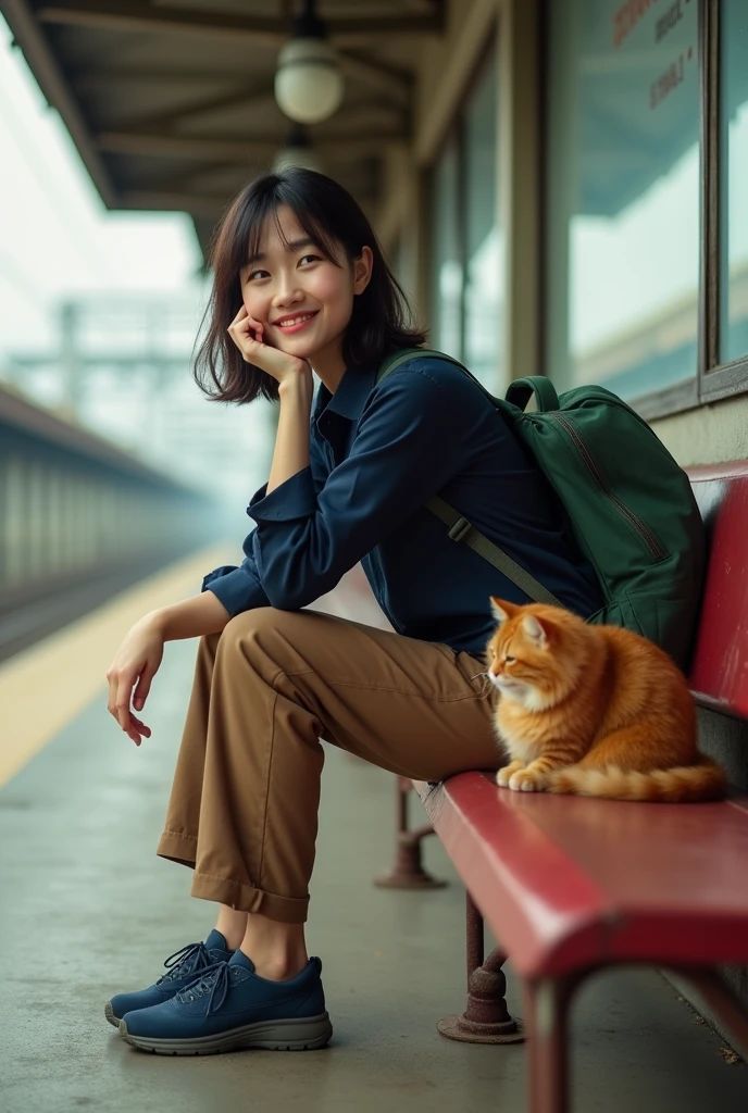 Realistic photography, vintage film,a kindness grin 29 yo. Japanese woman , medium short mullet messy side hair,wear navy shirt , brown trousers, navy Skechers go walk , is sitting on old red steel bench at train station platform. sHe is carrying a enormous green backpack with American short hair orange chubby cat inside, with her elbow resting on knee and a relaxing expression