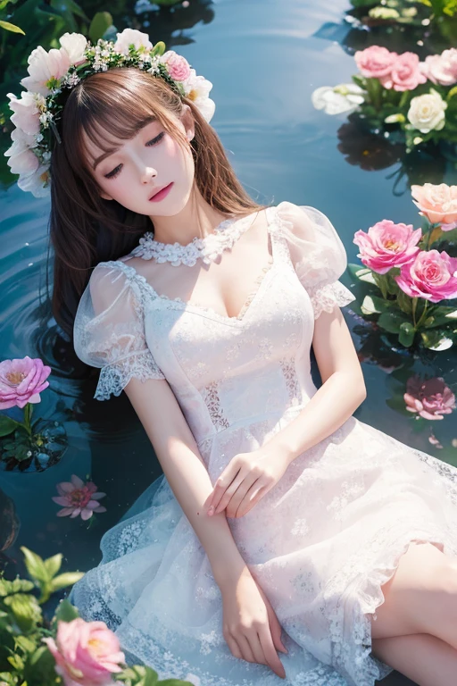 ((Highest quality)), ((masterpiece)), (detailed), One person, cute,White beauty,Flower Garden,Photon Mapping,Jill Stuart pink lace and frill dress,High Contrast、Glitter Sleep on the surface of the water