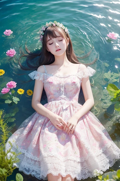 ((Highest quality)), ((masterpiece)), (detailed), One person, cute,White beauty,Flower Garden,Photon Mapping,Jill Stuart pink lace and frill dress,High Contrast、Glitter Sleep on the surface of the water