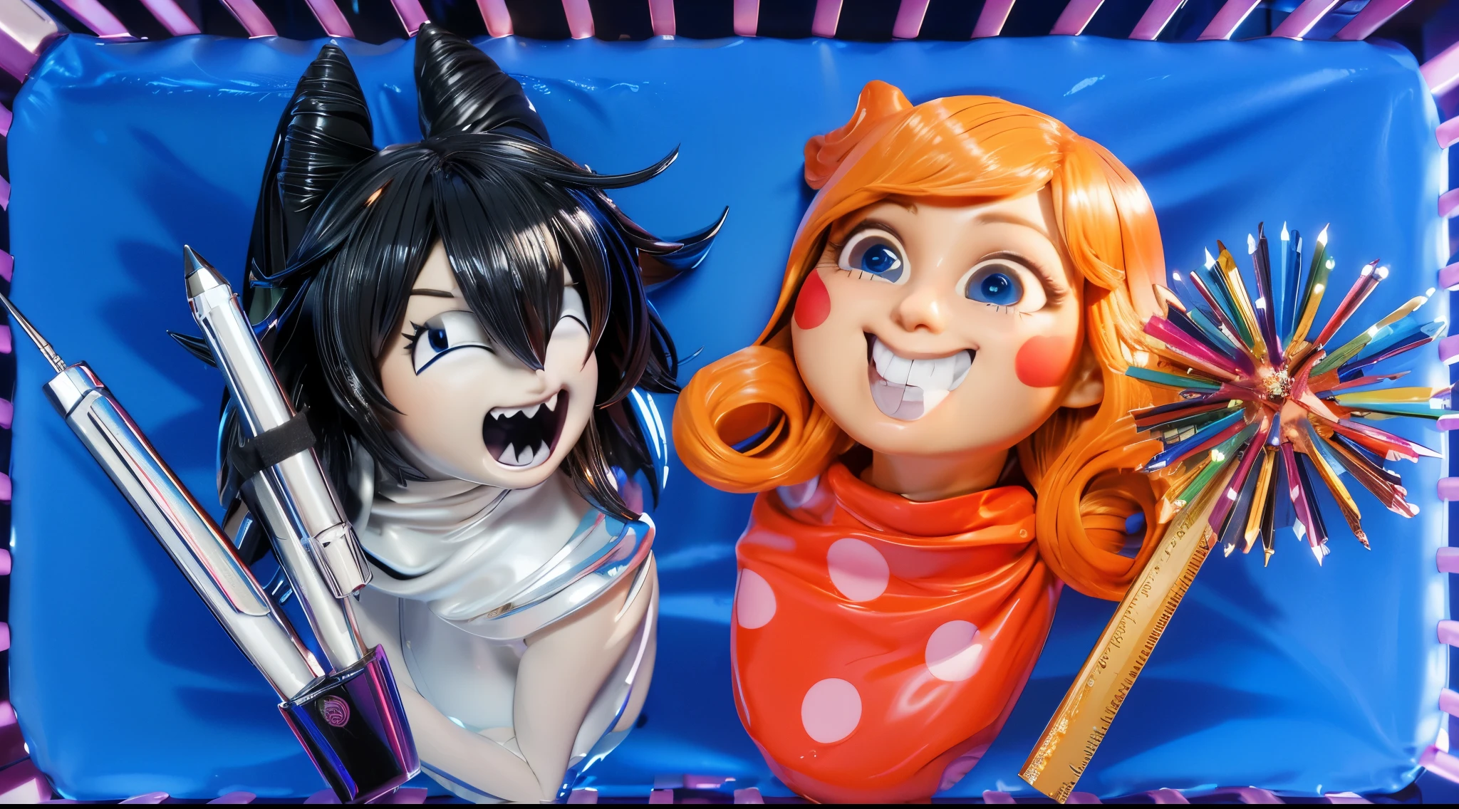 3d render, glossy texture, smooth 3d model, multiple light sources, rim light, sharp post effects render, (glossy plastic texture with multiple big light probe refractions), perfect cgi, smooth silhouette, high intensity refraction, (super glossy material), most beautiful vfx , blue background, plastic refractions, realistic, 4k, high resolution, rim light, photo shoot, commercial photo, profile shot, 4k, rim light, high resolution, 4k, glossy texture, smooth 3d model, multiple light sources, rim light, sharp post effects render, (glossy metallic texture with multiple big light probe refractions), perfect cgi, cgi art created only with gradients, smooth silhouette, high intensity refraction, (super glossy chrome material), most beautiful vfx, blue background, chrome metal refractions, multiple light sources, rim light, sharp post effects render, perfect cgi, digital art, detailed digital art, reflective, best quality, 4k, masterpiece:1.2, ultra-detailed, realistic, vivid colors, dark and moody lighting, The image of the highest quality, ensuring every detail is showcased perfectly. It in 4k resolution, allowing viewers to immerse themselves in the richness of the colors and intricate details. The realistic rendering. under the spotlight, reflecting, high-resolution image, realistic rendering, dark background, and rim light photorealistic The image features three characters standing in front of three houses. The characters are a red-haired mermaid, a purple cat, and an orange dog. They are each holding a yellow maraca