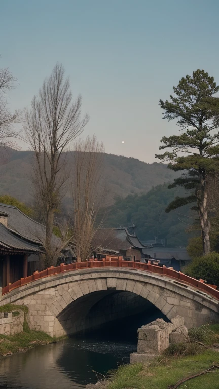 masterpiece, high quality, High resolution,8k, Traditional chinese painting ,, Dead vines, Elderly ((tree)), dusk ((crow)) no cry,, ((a small bridge)), flowing water, ((( dwelling))), (A horse:1.6),, Cold wind blows westward ((an ancient road)),, when the sun goes down, My heart aches with rage,,