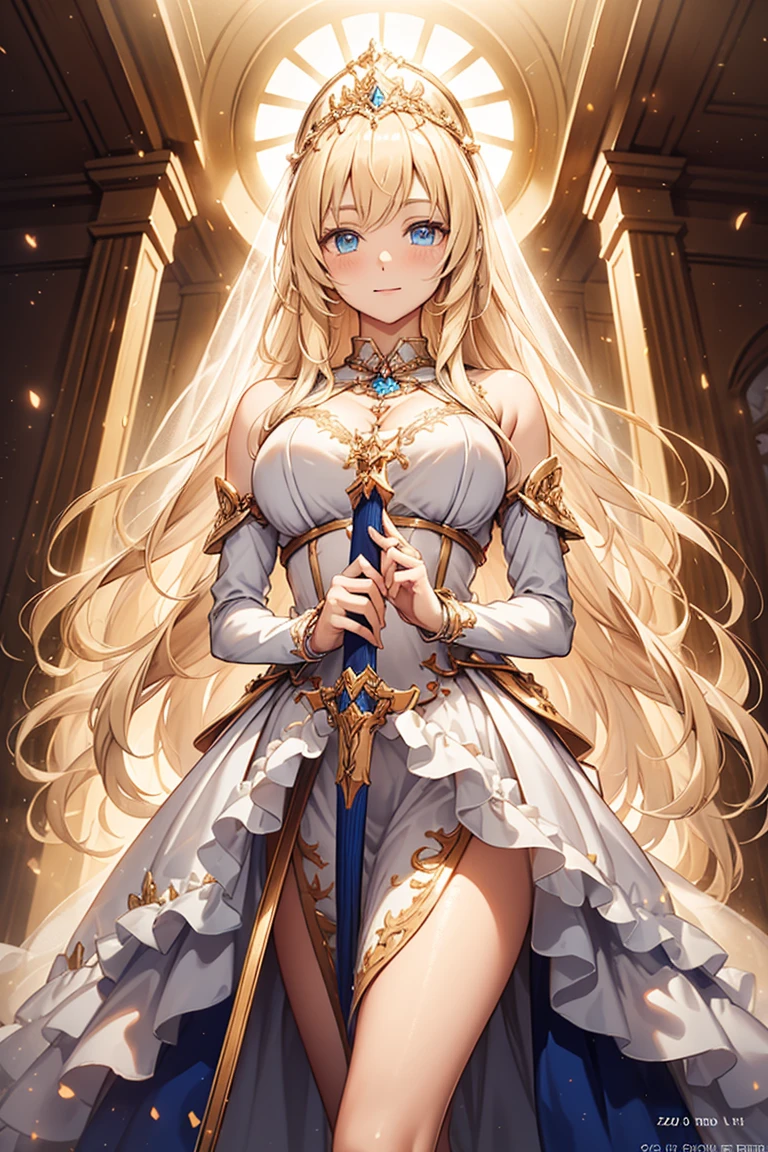 Teenage Girl，Fantasy World Princess，obsessed，Full Breasts，in love，sacred，(And the White Princess Dress:1.3)，Blonde hair and blue eyes，Blue eyes，Great Sword，holy sword，Super super details，Ruffles，大量Lace，(There are stripes on the clothes:1.2)，(Dress nicely:1.1)，(Layered Skirt),Sheer and transparent clothing，Beautiful and delicate face，Movie Lighting，night，The only person，Lace,(shine:1.2), (Best quality), (masterpiece:1.2),sparkling gemstones