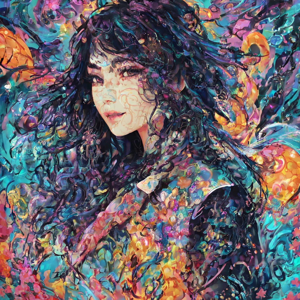 This is a high-quality 4K masterpiece CG image featuring highly detailed and intricate designs.。Intricate details、,In the center is an unknown creature.、Background is in neon pop abstract art style、Cinema Lighting、A lot of bubbles flowing in detail、It features slowly moving notes。Surrounded by ultra-fine glowing particles overall、Focus on happiness and dynamic background elements、It's a vivid and complex image.。