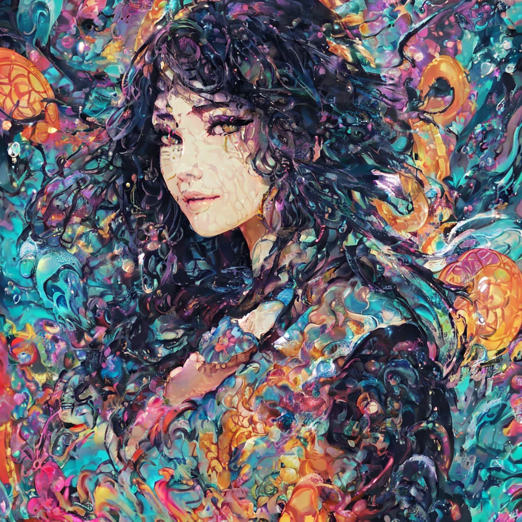 This is a high-quality 4K masterpiece CG image featuring highly detailed and intricate designs.。Intricate details、，In the center is an unknown creature.、Background is in neon pop abstract art style、Cinema Lighting、A lot of bubbles flowing in detail、It features slowly moving notes。Surrounded by ultra-fine glowing particles overall、Focus on happiness and dynamic background elements、It&#39;s a vivid and complex image.。