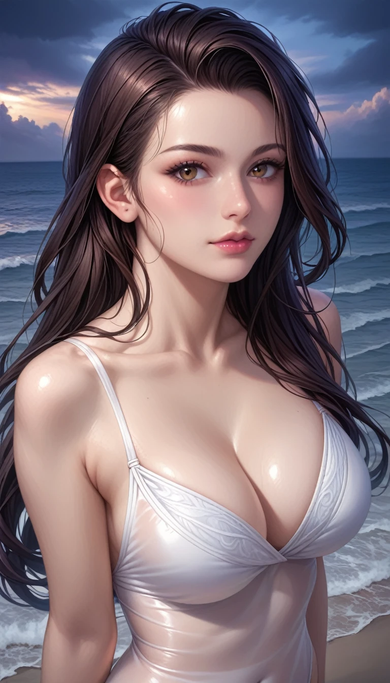 score_9, score_8_superior, score_7_superior, High-resolution CG illustration,A masterpiece in 32K resolution,Highest quality,it is really amazing,Very detailed,Ultra-high resolution,Ultra-realistic,Realistic,Increased depth of field,Cinematic lighting,
Sexy mature Japan woman,
Straight long hair with black hair,Showing his forehead,Ultra-detailed and beautiful face,Calm and gentle look,Beautiful brown eyes,Glossy, moisturized skin,Translucent white skin,Realistic skin texture,Great proportions,
Elegant white swimsuit,
Simple design,Opaque fabric,Detailed fabric texture,
(Dark overcast sky on a dull night:1.1),(Dark clouds filling the sky:1.1),Thundercloud,Coastline at night,Stormy seas,delay々A desolate sandy beach that continues,
(Beautiful cleavage:1.1),(High angle:1.1),