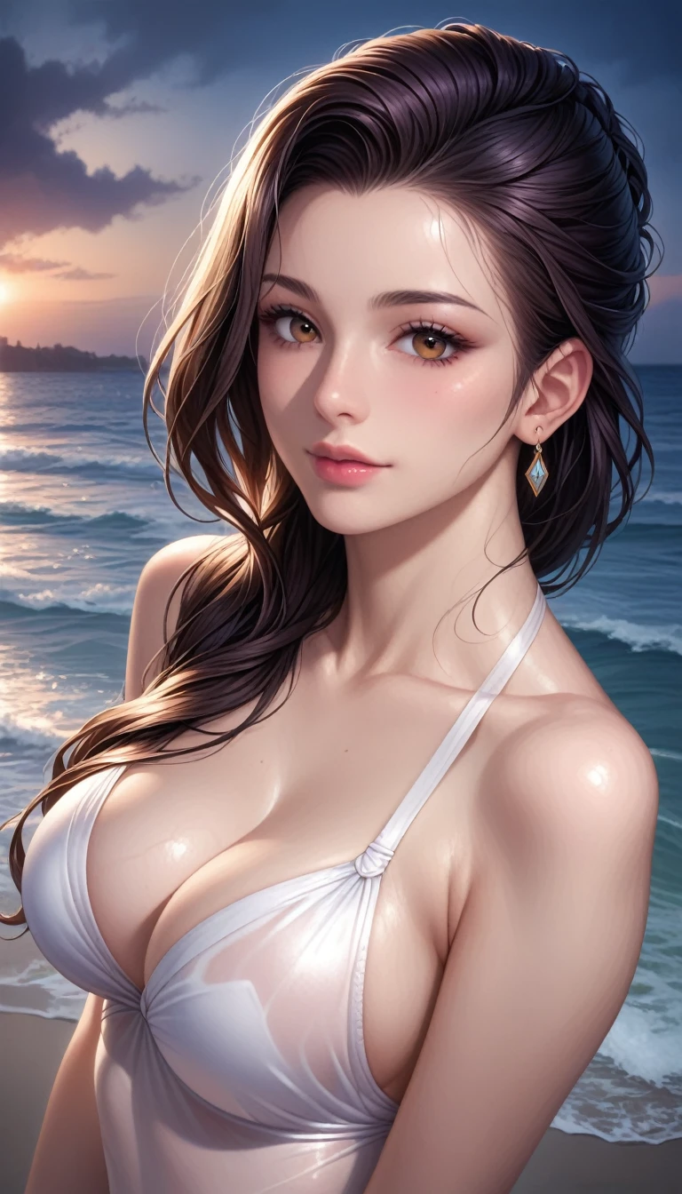 score_9, score_8_superior, score_7_superior, High-resolution CG illustration,A masterpiece in 32K resolution,Highest quality,it is really amazing,Very detailed,Ultra-high resolution,Ultra-realistic,Realistic,Increased depth of field,Cinematic lighting,
Sexy mature Japan woman,
Straight long hair with black hair,Showing his forehead,Ultra-detailed and beautiful face,Calm and gentle look,Beautiful brown eyes,Glossy, moisturized skin,Translucent white skin,Realistic skin texture,Great proportions,
Elegant white swimsuit,
Simple design,Opaque fabric,Detailed fabric texture,
(Dark overcast sky on a dull night:1.1),(Dark clouds filling the sky:1.1),Thundercloud,Coastline at night,Stormy seas,delay々A desolate sandy beach that continues,
(Beautiful cleavage:1.1),(High angle:1.1),