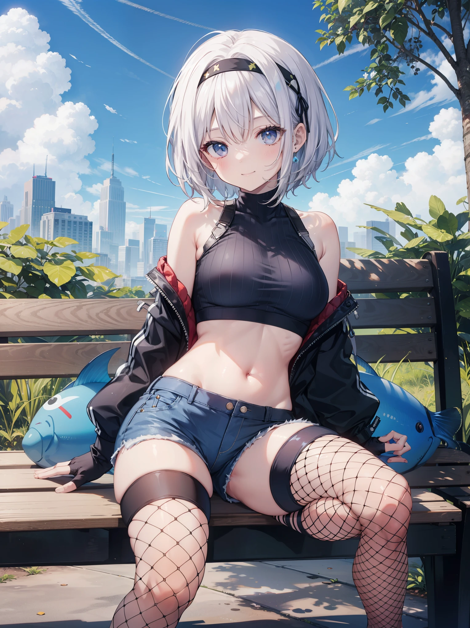 ,Haircuts, pixie cut,
壊す crop top, fingerless gloves, fishnet Thighhighs, fishnet, forehead protector, gloves, head band, belly button, short shorts, shorts, single sleeve, single thigh high, No sleeve, No sleeve turtleneck, Thighhighs, turtleneck,
bench、blue sky、smile, solo,rising_leg,solo