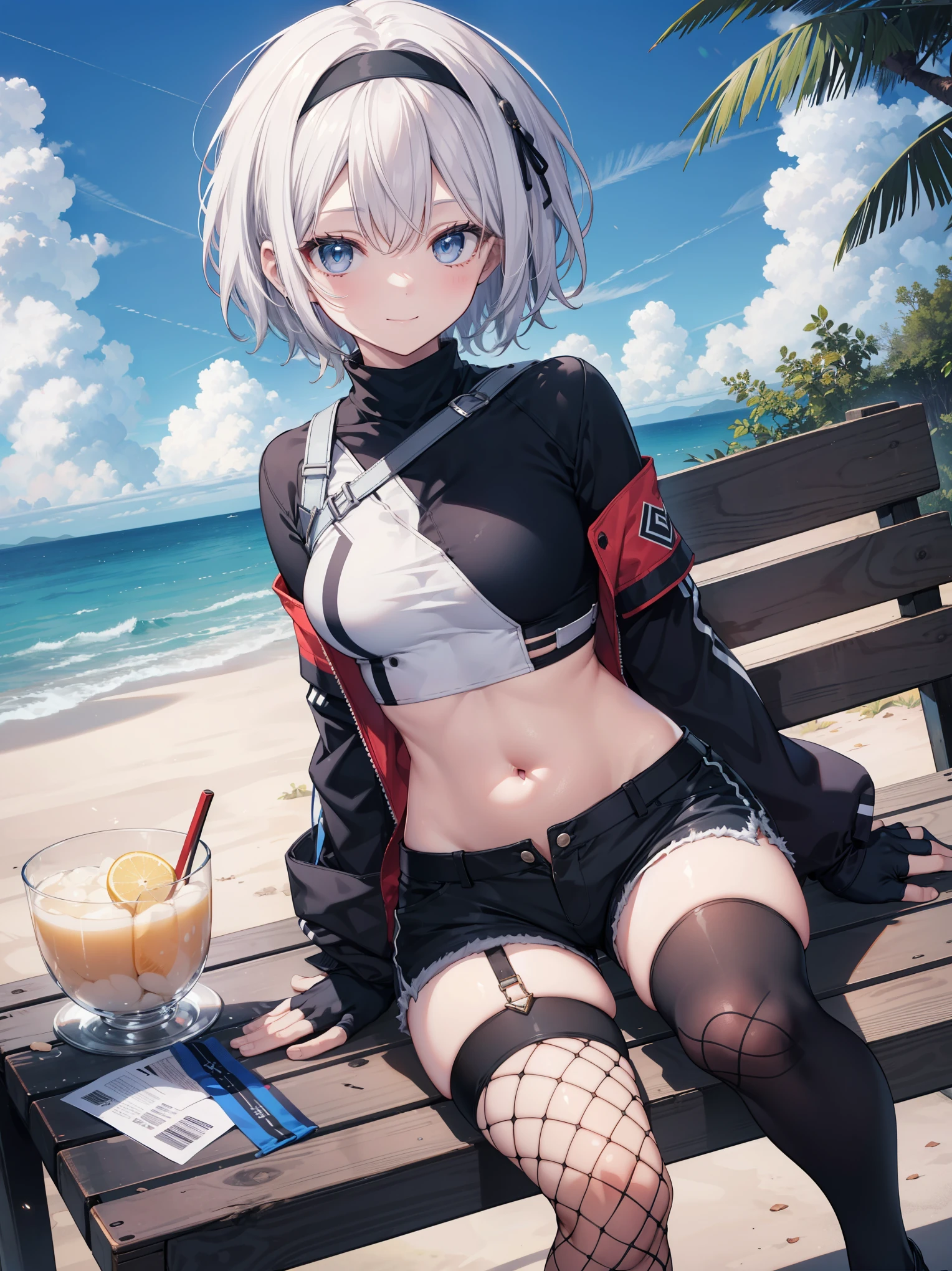 ,Haircuts, pixie cut,
BLAKE crop top, fingerless gloves, fishnet Thighhighs, fishnet, forehead protector, gloves, head band, belly button, short shorts, shorts, single sleeve, single thigh high, No sleeve, No sleeve turtleneck, Thighhighs, turtleneck,
bench、blue sky、smile, solo,rising_leg,solo