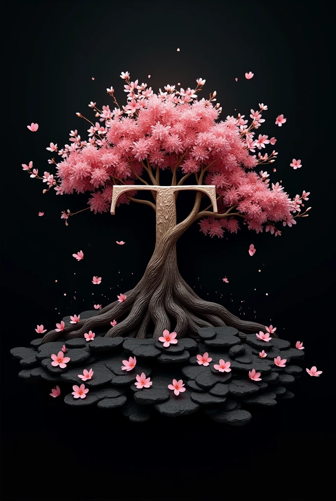Please make logo ratio 1:1 for mcupload.com but use symbol T only and theme nature tree, cherry blossom petals and some heavy detailed,black background no one.