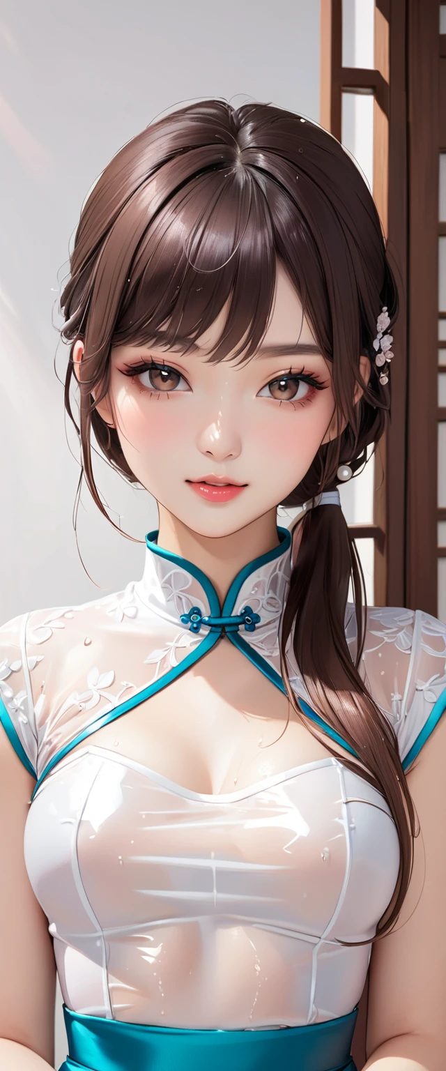 (masterpiece,Highest quality,Ultra-high resolution),Japanese women, (((Very beautiful 22 year old girl))), pretty girl、Look at the photographer、 ((Beautiful low ponytail)), Very cute face, Glossy Lips, Double eyelids on both eyes,Natural smile、 Natural Makeup, Long eyelashes, Shiny and smooth hair、Center image, Perfect limbs, Perfect Anatomy,(((Pearl White Cheongsam)))、((()),Wet with sweat,