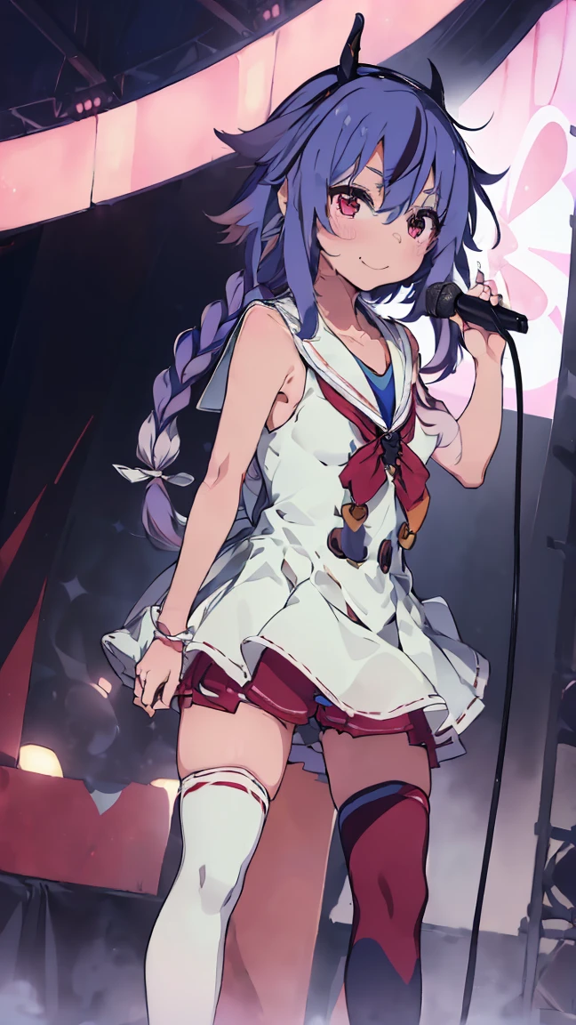 masterpiece, Highest quality, High resolution, Very detailed,(((Mikoto Naruka))), (((smile)))、(((Standing in the distance))), (((Holding a microphone。))), (((White sailor collar))), (((stage))), (((White knee-high socks))), (((Blue ribbon))), (((Blue Hair))), (((Multicolored Hair))), (((horn))), (((Pink Eyes)))