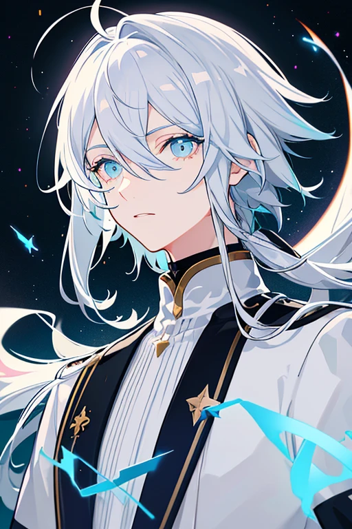 VTuber Illustration、High resolution、create、whole body,Gray Hair,Neutral Facial Features,cute,Clever boy,Bangs between the eyes, Stars in the Sky, White eyes, Gradient colored eyes, Gradient eyes, Long eyelashes, Sparkling eyes, Ahoge, Cinematic light effects, Bright Eyes, Sparkling eyes, Glowing Eyes, Black clothes,universe