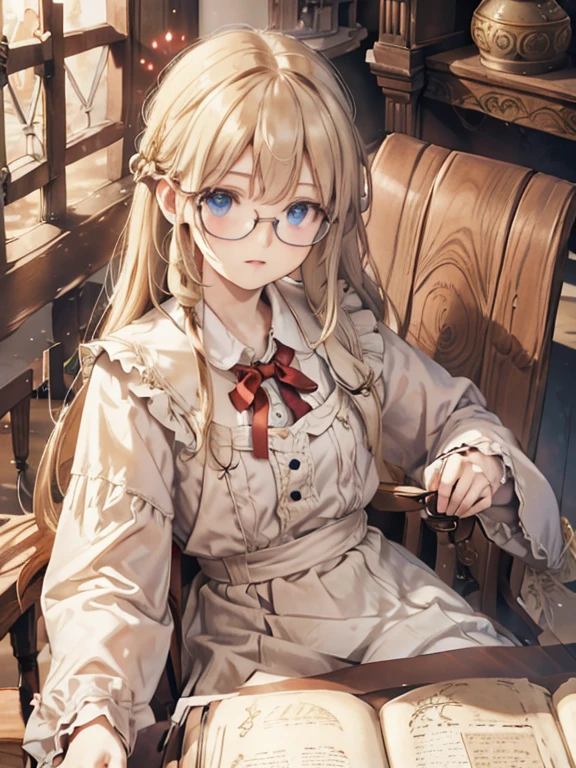 masterpiece, Highest quality, Very detailed, 8k, Ultra-high resolution, Cowboy Shot, One , Detailed face、Perfect Fingers, blue eyes, Glasses, blonde, Long Hair, Braiding, Red ribbon on head, Lace dress, Luxurious Western-style building, library, Bookshelf, table, (Sit on a chair:1.7), I read a book, Renaissance_Alchemist_studio