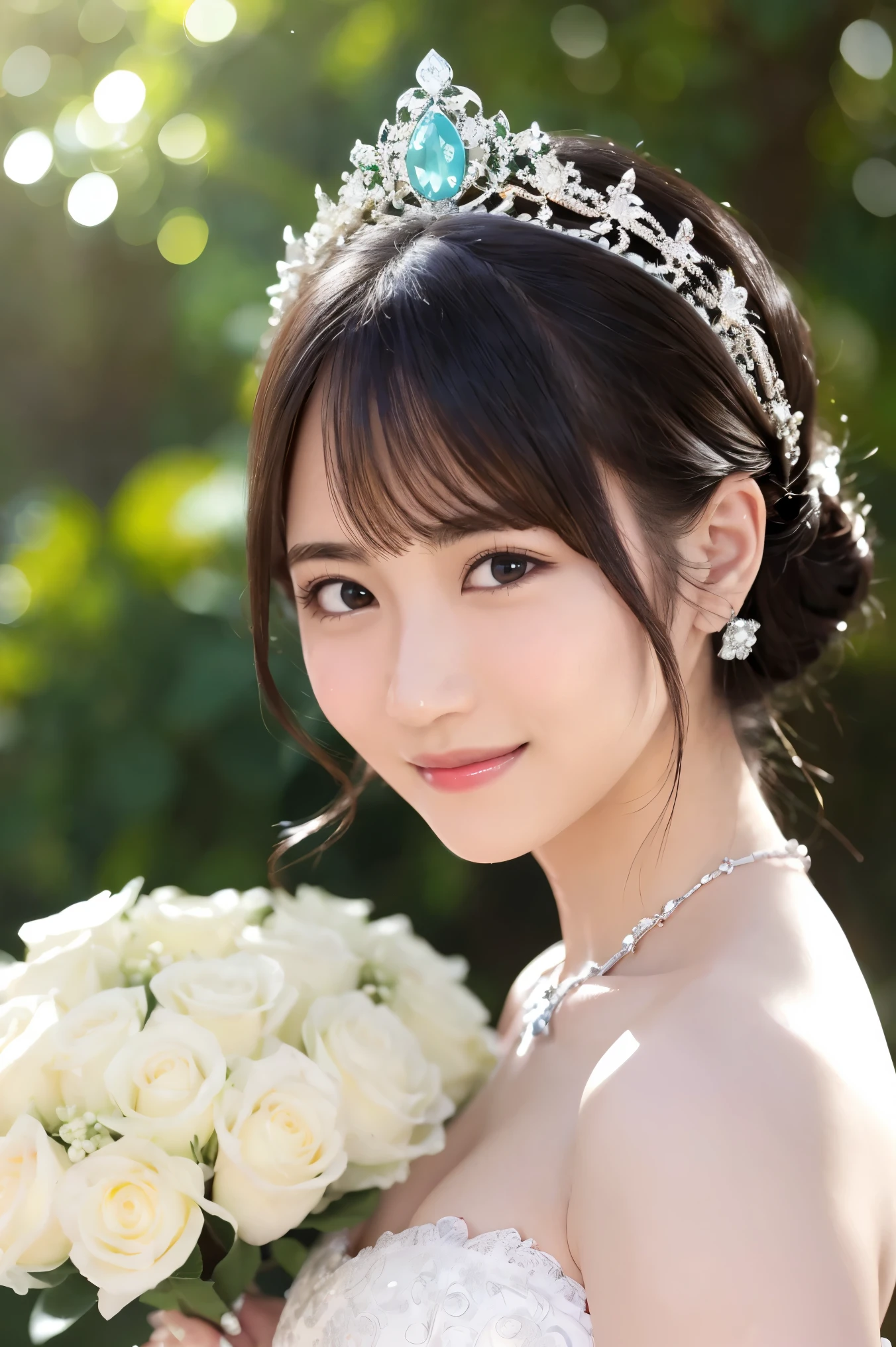 (Highest quality、Tabletop、8k、Best image quality、Award-winning works)、Beautiful Bride、(alone:1.1)、(The most extravagant and gorgeous huge pure white wedding dress:1.2)、(Perfect Wedding Lace:1.2)、(The most gorgeous and luxurious giant tiara:1.3)、(The most extravagant and luxurious giant necklace:1.3)、(A gorgeous bouquet:1.3)、The finest jewellery decoration、Perfect Makeup、Long eyelashes、Ultra HD Shining Eyes、Ultra HD Hair、Ultra High Resolution Glossy Lips、Beautiful face in ultra-high definition、(Accurate anatomy:1.1)、Very bright and beautiful skin、very bright and vivid、(Perfect Short Bridal Hairstyles:1.3)、(Front facing body:1.1)、(The most refreshing and beautiful forest background:1.1)、(Small breasts:1.1)、(Small breastsの谷間:1.1)、(Perfect beautiful bridal photos:1.1)、Cute Smile、(Face close-up:1.1)