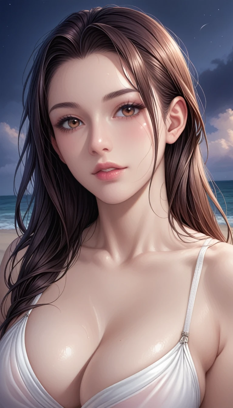 score_9, score_8_superior, score_7_superior, High-resolution CG illustration,A masterpiece in 32K resolution,Highest quality,it is really amazing,Very detailed,Ultra-high resolution,Ultra-realistic,Realistic,Increased depth of field,Cinematic lighting,
Sexy mature Japan woman,
Straight long hair with black hair,Showing his forehead,Ultra-detailed and beautiful face,Calm and gentle look,Beautiful brown eyes,Glossy, moisturized skin,Translucent white skin,Realistic skin texture,Great proportions,
Elegant white swimsuit,
Simple design,Opaque fabric,Detailed fabric texture,
(Dark overcast sky on a dull night:1.1),(Dark clouds filling the sky:1.1),Thundercloud,Coastline at night,Stormy seas,delay々A desolate sandy beach that continues,
(Beautiful cleavage:1.1),(High angle:1.1),