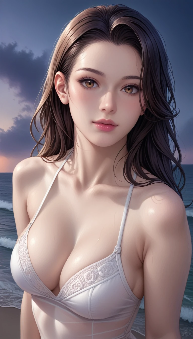 score_9, score_8_superior, score_7_superior, High-resolution CG illustration,A masterpiece in 32K resolution,Highest quality,it is really amazing,Very detailed,Ultra-high resolution,Ultra-realistic,Realistic,Increased depth of field,Cinematic lighting,
Sexy mature Japan woman,
Straight long hair with black hair,Showing his forehead,Ultra-detailed and beautiful face,Calm and gentle look,Beautiful brown eyes,Glossy, moisturized skin,Translucent white skin,Realistic skin texture,Great proportions,
Elegant white swimsuit,
Simple design,Opaque fabric,Detailed fabric texture,
(Dark overcast sky on a dull night:1.1),(Dark clouds filling the sky:1.1),Thundercloud,Coastline at night,Stormy seas,delay々A desolate sandy beach that continues,
(Beautiful cleavage:1.1),(High angle:1.1),