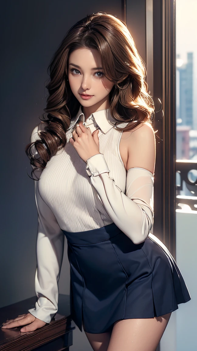 ((Highest quality,4K,High resolution,masterpiece:1.2)),((Character Concept Art)), 1 female, 20-year-old women, ((Shoulder-length brown hair、Hair curled loosely inwards)), (Skin as white as snow), Very detailed eyes (Brown Eye Color), have confidence, beautiful, slim body build, Big Breasts、((Intricate details)), Very finely crafted needles, Very finely crafted fingers(((10 fingers))), ((Mini bottan up navy dress＿long sleeves_with white collared brouse_white collared cuff_mini skirt of the edge is white colouerd:1.3)), (Full-body showcase), (Show whole body),A shy smile、((In the hustle and bustle of the city:1.2))、((Standing with grace、left Hand on her chin:1.５))