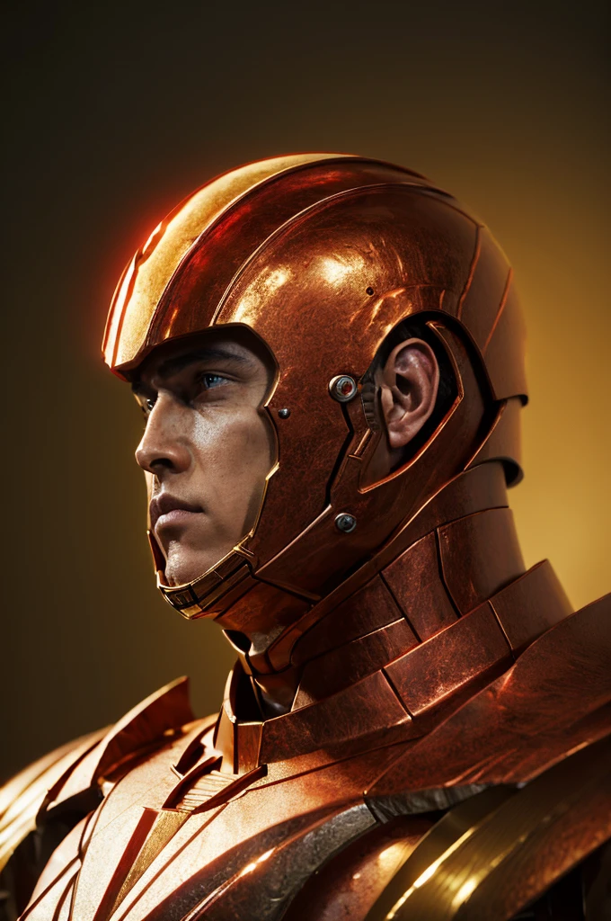 A highly detailed digital illustration of a muscular superhero in a red and gold armor, looking directly at the viewer with a serious expression, helmet removed to reveal a rugged, chiseled face, seamless metallic textures, dynamic lighting, cinematic composition, dramatic colors, rich details, hyper-realistic 8k, award-winning concept art style