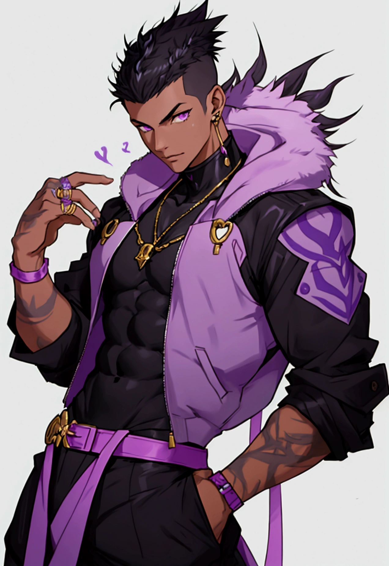 create a character with black hair with a high fade, skin tanned, light purple eyes, of developed body, Magic skills, with hip-pop clothes