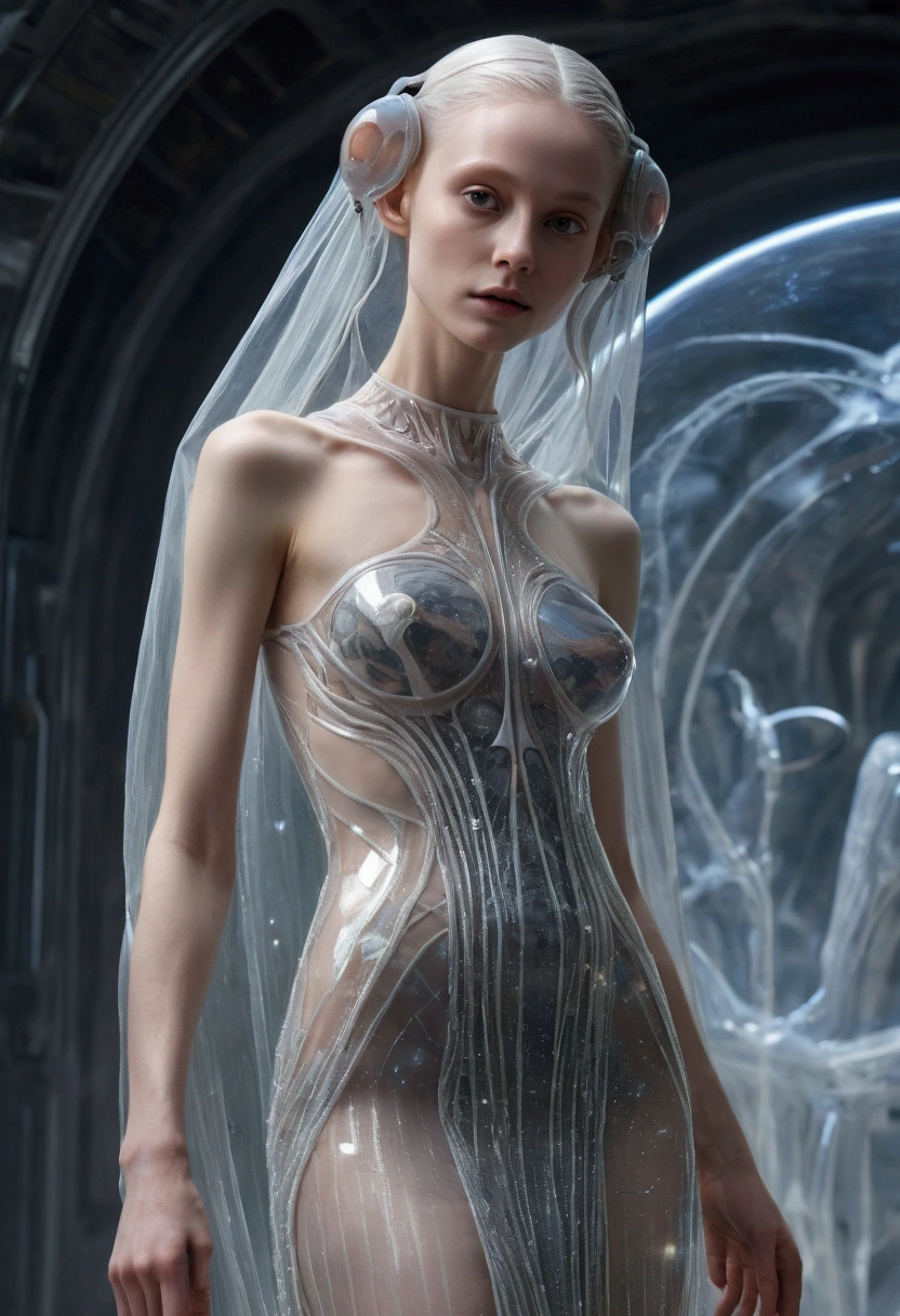 (masterpiece),(best quality:1.0), (ultra highres:1.0), beautiful young alien woman, tall, thin, pale, wearing a transparent dress, full body, small breasts, nsfw
