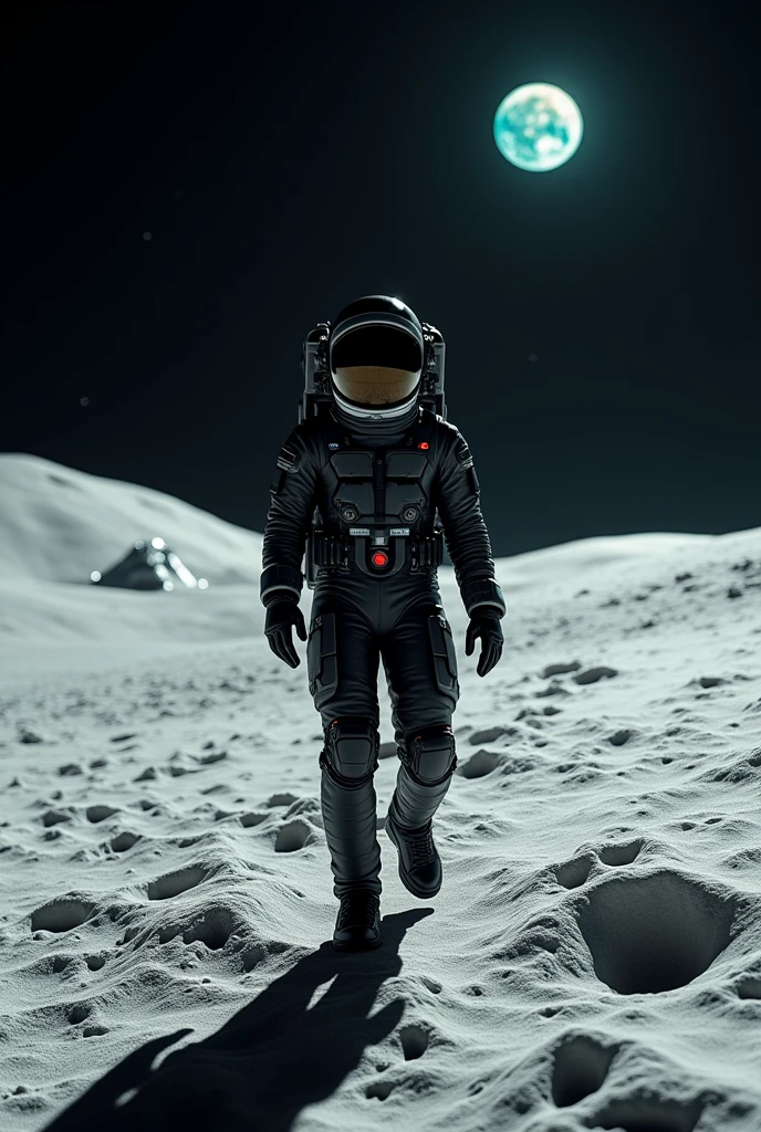 Astronaut, Black suit, walk on The moon, spacecraft landed behind his, earth on The Horizon. Cinema style, 4k, great angular
