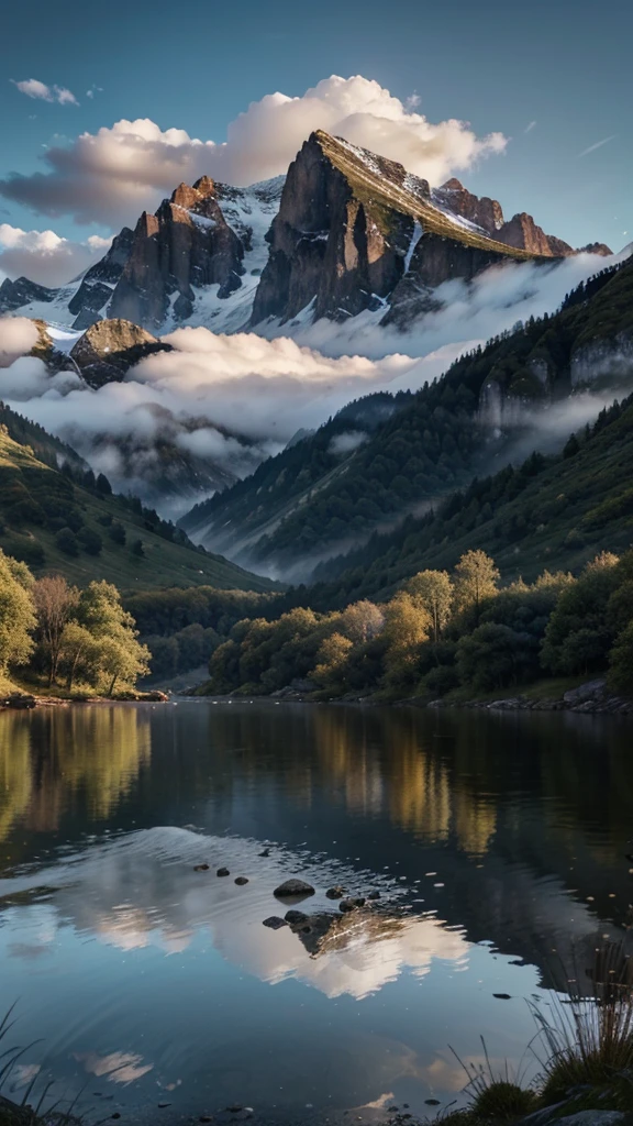 3d fantasy world. landscape, mountain, water, cloudy, peaceful and calm. very detailed and cinematic lighting.