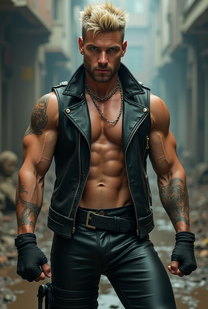 (((Full-length shot))),((Best quality)), ((masterpiece)),(detailed),muscular build.., wears an open black leather vest on a naked body.., black leather gloves,tight leather pants and heavy boots, He has the appearance of a punk rocker.Hyperrealistic close-up photo of an a Handsome Male, blue eyes,short вlondie hair,oppav3,(Photorealism: 1.4), Create dystopian masterpieces. Post-apocalyptic world. Pay attention to small details, sharp focus. The palms of the hands are clenched into fists.