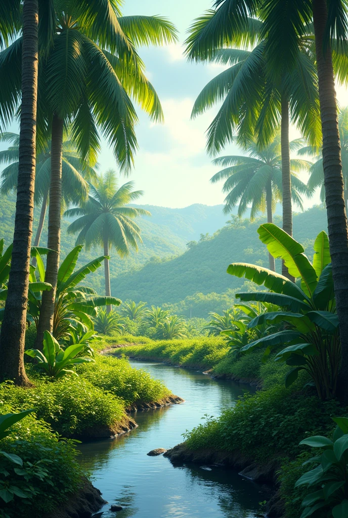 Arecanut tree farm with banana tree and small water flow after rain