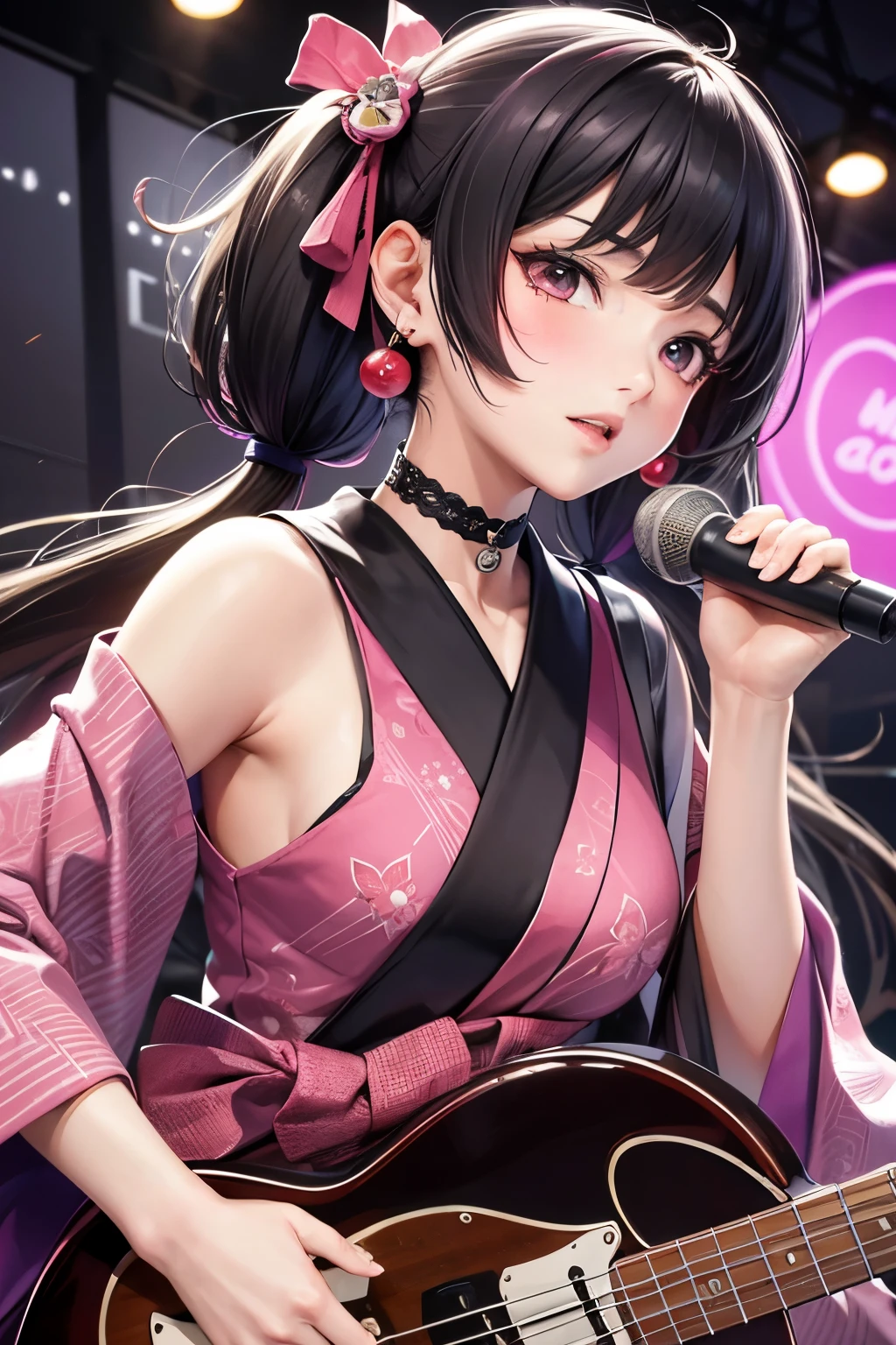 masterpiece, best quality, highly detailed, high resolution, expensive resolution, high resolution, 4k, 8k, Unity 8k wallpaper, highly detailed CG, masterpiece, 2d, 3d, beautiful details, depth, fine texture, best quality: 1.3, perfect focus, crispy skin, he, very cute anime girl, beautiful and cute girl in band playing bass guitar and singing in band wearing Japanese fancy patterned haori hakama on outdoor stage, full body, expensive black hair with pink inner short twin tail hair, mole under eye, looking at the viewer, expensive, blush, mole, open lips, , heart shaped choker, pink eyes, bass guitar, vocals, stage, outdoor festival stage