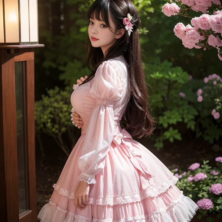 Side view,side angle, Bow tie at the back of the waist, There is a bow on the back,Sideways photo, Skirt length to calf, cupcake dress, Layered skirt with lace on each layer, Put on a lolita dress, layered dress, Pink Lolita dress, lots of lace, Long sleeve, Wide sleeves, Big Skirt, Layered lace skirt, Lace skirt,Puff sleeves, Wide sleeves, Transparent sleeves, intricate details showcase the ruffles and intricate designs of the Lolita dress, Wearing a lolita dress, in a sea of flowers, best quality, Delicate face,beautiful visual work, lifelike, eternity, black hair, Long curly hair, blunt bangs, Smile, Detailed Background, Delicate face,blush,cold,((masterpiece))、(top quality)、8k、high detail、Super detailed,41 years old,woman, masterpiece、born、Scenes resembling fairy tale illustrations、intricate details和複雜的設計、Beautifully、magic、capricious、 Beautifully、Dream aesthetics、「𝓡𝓸𝓶𝓪𝓷𝓽𝓲𝓬、ethereal、charming、fickle、magic」、realism、Visual effects、FXAA、SSAO、Shader、voiceless、ambient lighting、Tone mapping、High resolution、Ultra high quality、Million pixels、(8K resolution:1.10)、8k、8k以下、8K resolution、high detail、intricate details, (high quality:1.2、masterpiece:1.2、:1.21)、(41 years old,woman:1.21)、(興奮地Smile)、(Surrounded by a dreamy atmosphere、Model diagram,full-body shot,Normal 2 feet,Put your hands behind your back,Breast protrusion visible when wearing clothes, Large Breasts, H cup chest, pink dress, Don't show your fingers, full-body shot, full-body shot,full-body shot,full-body shot,full-body shot,full-body shot,full-body shot,full-body shot,Hands hidden in clothes, Hands hidden in clothes,Hands hidden in clothes,Hands hidden in clothes,Hands hidden in clothes,Hands hidden in clothes,Hands hidden in clothes,Hands hidden in clothes,Hands hidden in clothes, ,Hide your hands in your sleeves ,Hide your hands in your sleeves ,Hide your hands in your sleeves ,Hide your hands in your sleeves ,Hide your hands in your sleeves ,Hide your hands in your sleeves ,Hide your hands in your sleeves ,Hide your hands in your sleeves,skirt length to calf, full body photo,full body view,side view