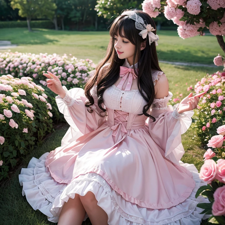 Side view,side angle, Bow tie at the back of the waist, There is a bow on the back，Sideways photo, Skirt length to calf, cupcake dress, Layered skirt with lace on each layer, Put on a lolita dress, layered dress, Pink Lolita dress, lots of lace, Long sleeve, Wide sleeves, Big Skirt, Layered lace skirt, Lace skirt，Puff sleeves, Wide sleeves, Transparent sleeves, intricate details showcase the ruffles and intricate designs of the Lolita dress, Wearing a lolita dress, in a sea of flowers, best quality, Delicate face，beautiful visual work, lifelike, eternity, black hair, Long curly hair, blunt bangs, Smile, Detailed Background, Delicate face，blush，cold，((masterpiece))、(top quality)、8k、high detail、Super detailed，41 years old，woman， masterpiece、born、Scenes resembling fairy tale illustrations、intricate details和複雜的設計、Beautifully、magic、capricious、 Beautifully、Dream aesthetics、「𝓡𝓸𝓶𝓪𝓷𝓽𝓲𝓬、ethereal、charming、fickle、magic」、realism、Visual effects、FXAA、SSAO、Shader、voiceless、ambient lighting、Tone mapping、High resolution、Ultra high quality、Million pixels、(8K resolution:1.10)、8k、8k以下、8K resolution、high detail、intricate details， (high quality:1.2、masterpiece:1.2、:1.21)、(41 years old，woman:1.21)、(興奮地Smile)、(Surrounded by a dreamy atmosphere、Model diagram，full-body shot，Normal 2 feet，Put your hands behind your back，Breast protrusion visible when wearing clothes, Large Breasts, H cup chest, pink dress, Don't show your fingers, full-body shot， full-body shot，full-body shot，full-body shot，full-body shot，full-body shot，full-body shot，full-body shot，Hands hidden in clothes, Hands hidden in clothes,Hands hidden in clothes,Hands hidden in clothes,Hands hidden in clothes,Hands hidden in clothes,Hands hidden in clothes,Hands hidden in clothes,Hands hidden in clothes, ,Hide your hands in your sleeves ,Hide your hands in your sleeves ,Hide your hands in your sleeves ,Hide your hands in your sleeves ,Hide your hands in your sleeves ,Hide your hands in your sleeves ,Hide your hands in your sleeves ,Hide your hands in your sleeves,skirt length to calf, full body photo,full body view,side view