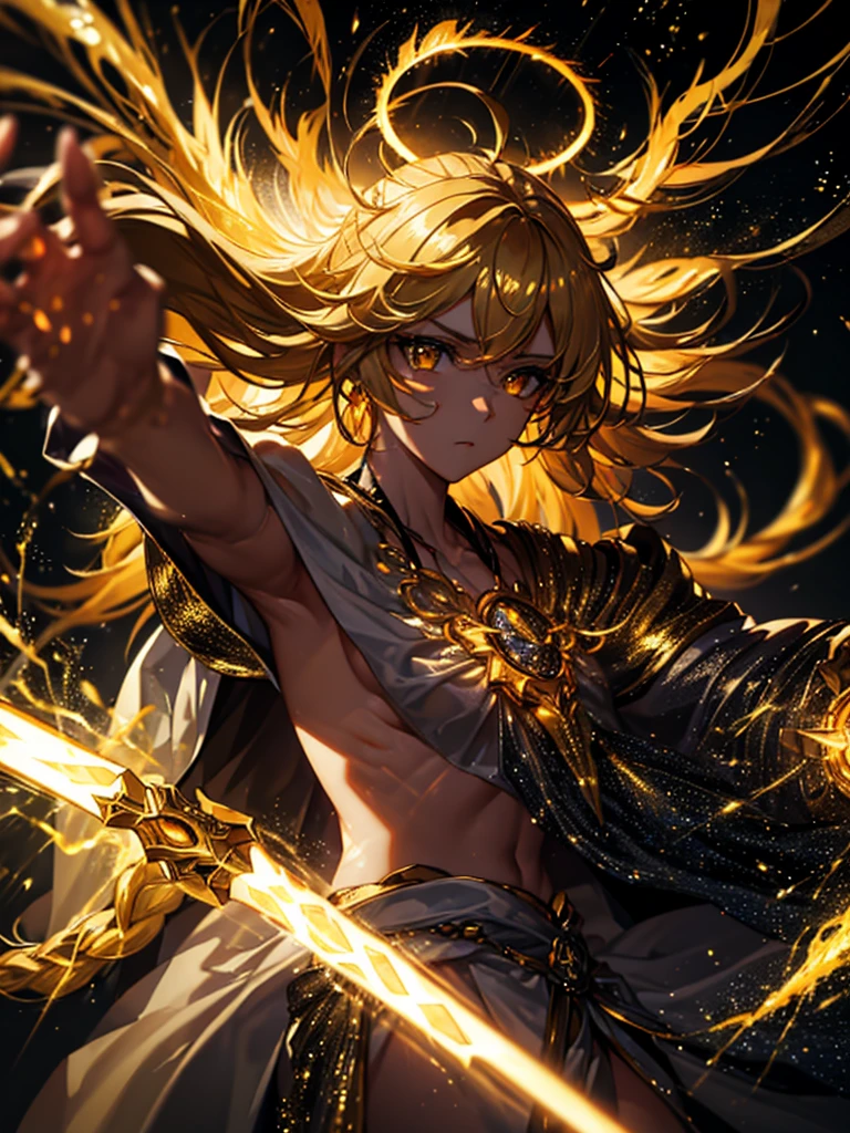 Ultra-HD photography, a fierce celestial god with a halo of light, surrounded by gold and yellow lightning in a cybernetic fantasy realm, SUFFIX with high lighting and motion blur showcasing the battles ferocity against a shadowy supernatural villain