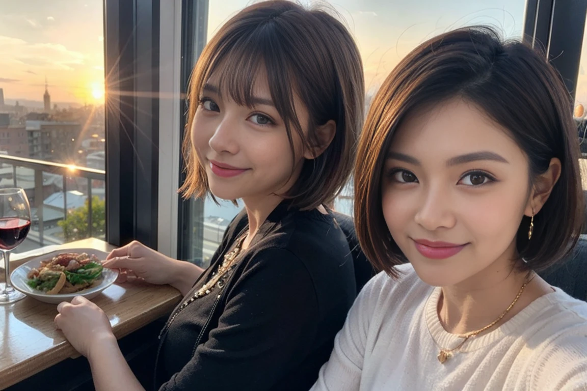 (Realistic:1.1),(masterpiece,Highest quality),8k,(49 years old), 53 years old, ベリーslimボディ、slimカップル、Tight waist,Upper Body,full-course dinner、wine 、Amazing view of the sunset sky and clouds、Perfect Anatomy, Brown Hair, short hair,Random Hairstyles,((Highly detailed face and eyes:1.2)),Perfect golden ratio face,Long sleeve shirt、dress,(smile:1.hortcuts、cute、(Realistic, Intricate details:1.2), A bright smile、short hair,Bright Face、赤wine 、Appetizers、Italian food、wine bottle、Champagne、スパークリングwine、(slimな顔), (The body is slim), (Brown Hair), (Shortcuts), Upper Body, 白wine, slim, wineグラス,