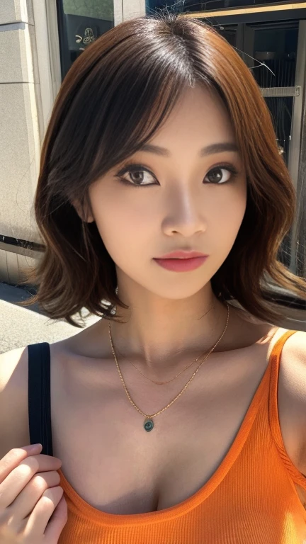 Curly Bob Kat, Realistic, orange shirt,A black-haired woman is taking pictures in the city., High resolution,High resolution, 8kアートクロックボケ, well-proportioned body, 美しいJapanese女性, Gorgeous Necklace, Be careful with your chest,美しい若いJapanese女性, Soft Portrait Shot 8k, Japanese, Double eyelids and narrow eyes, beautiful grey eyes, 8k, Cute young woman, Japanese女性,