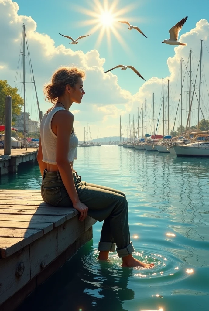 A tranquil scene inspired by the work of Pino Daeni: a contemplative mature female figure sits on a weathered wooden bridge, her feet immersed in the water. Her rolled-up pants give her confidence. In the background you can see a sailing marina with boats moored like small islands and seagulls soaring overhead against a brilliant summer sky. Warm sunlight casts dramatic shadows, creating a captivating chiaroscuro effect.