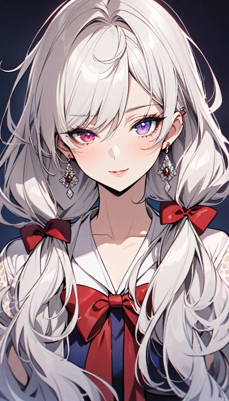 girl, mature, white hair, diamond earings, long hair, low twin tails, red bow on hair, two color eyes, blue right eye, purple left eye, adult. front face, beautiful