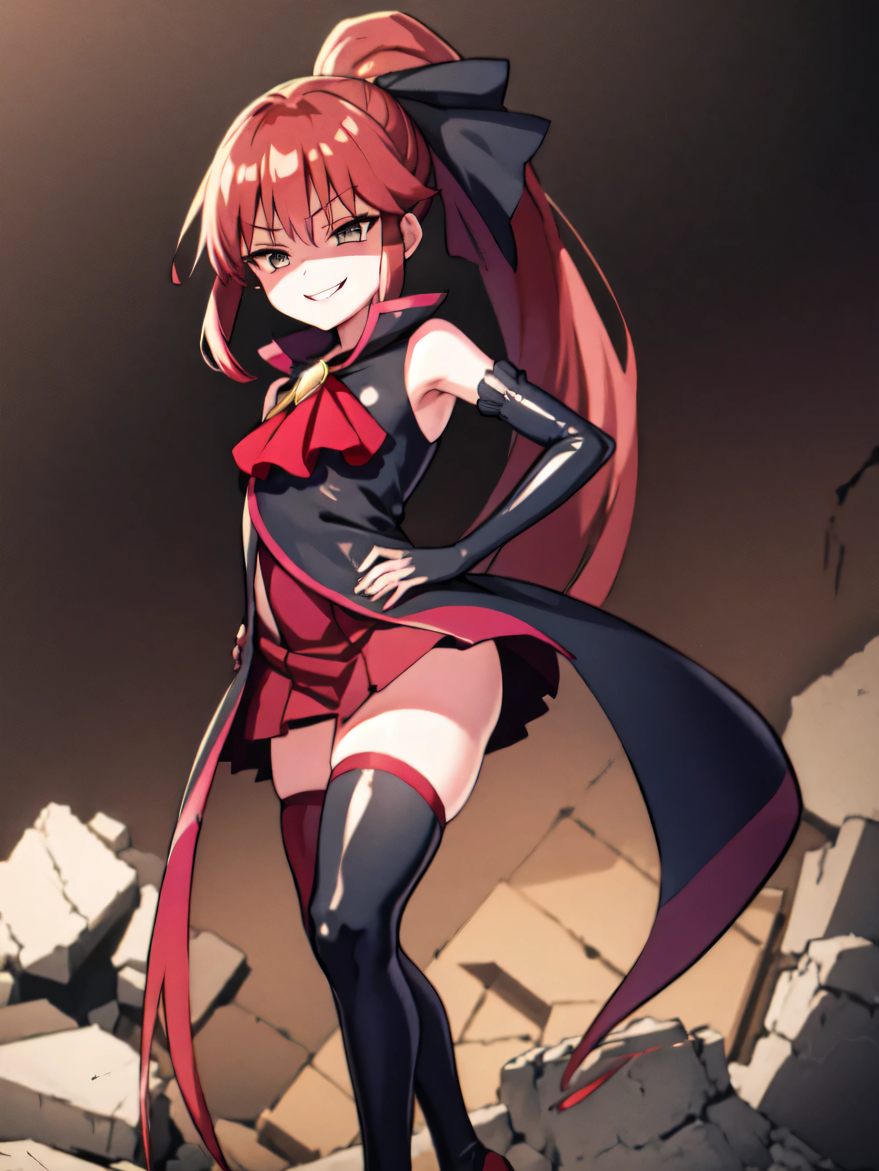 Highest quality, masterpiece, One Girl,Not beautiful, Red Ponytail, Long dress, brooch, Hair Ribbon, Black knee socks, Standing on the rubble, (Evil smile:1.1), ,,Dark shadow face,Sadistic smile,Malice,Contempt,smile,latex,Bad face,,Red Skirt,both hands,Two legs,Five Fingers,Evil background,Elbow hand pockets,latex, Evil smile, Debish Aura (Shiny fabric:1.5),Dark world background,独奏,