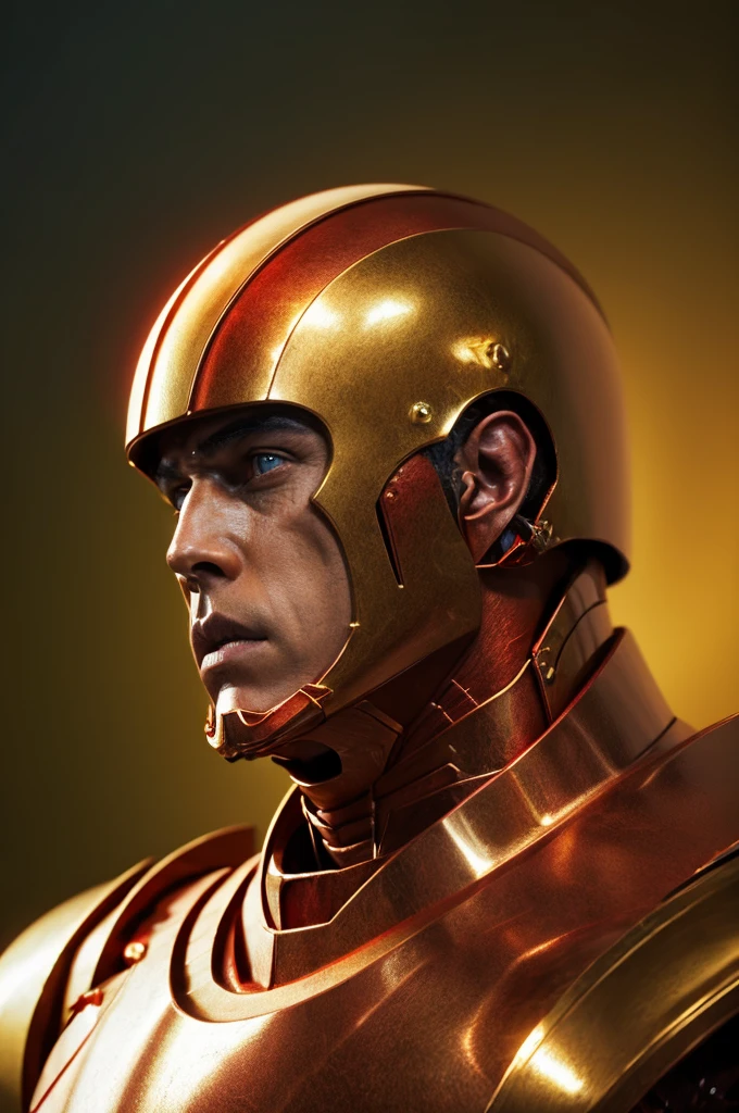 A highly detailed digital illustration of a muscular superhero in a red and gold armor, looking directly at the viewer with a serious expression, helmet removed to reveal a rugged, chiseled face, seamless metallic textures, dynamic lighting, cinematic composition, dramatic colors, rich details, hyper-realistic 8k, award-winning concept art style