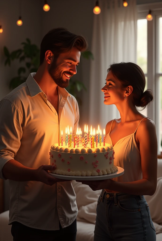 A man is holding a birthday cake with 18 candles and a woman with her hair tied up.