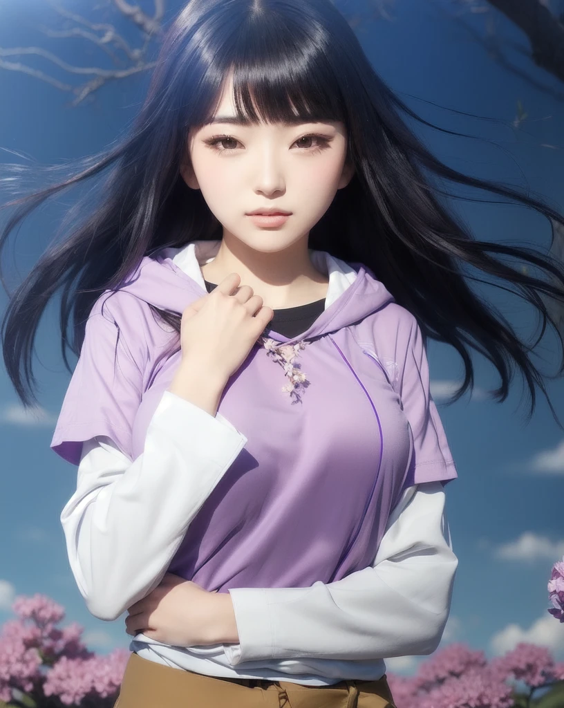 beautiful a girl with long black hair and a purple shirt stands in front of a flowering tree, hinata hyuga, Realistic
