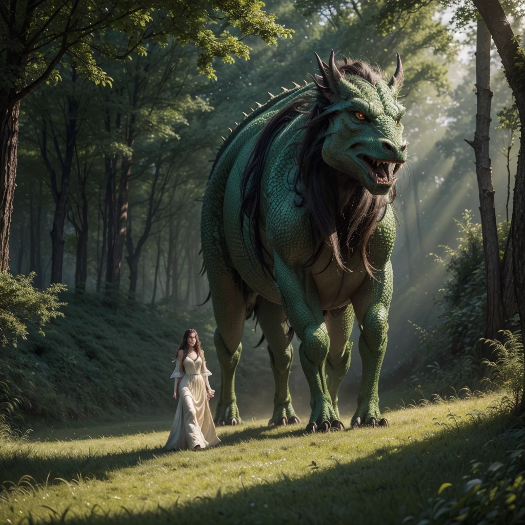A young and beautiful queen, long flowing hair, sensual, walking through a verdant meadow at dawn, huge dragon companion, intimidating look, (best quality,4k,8k,highres,masterpiece:1.2),ultra-detailed,(realistic,photorealistic,photo-realistic:1.37),fantasy,dramatic lighting,dramatic colors,intricate details,cinematic composition