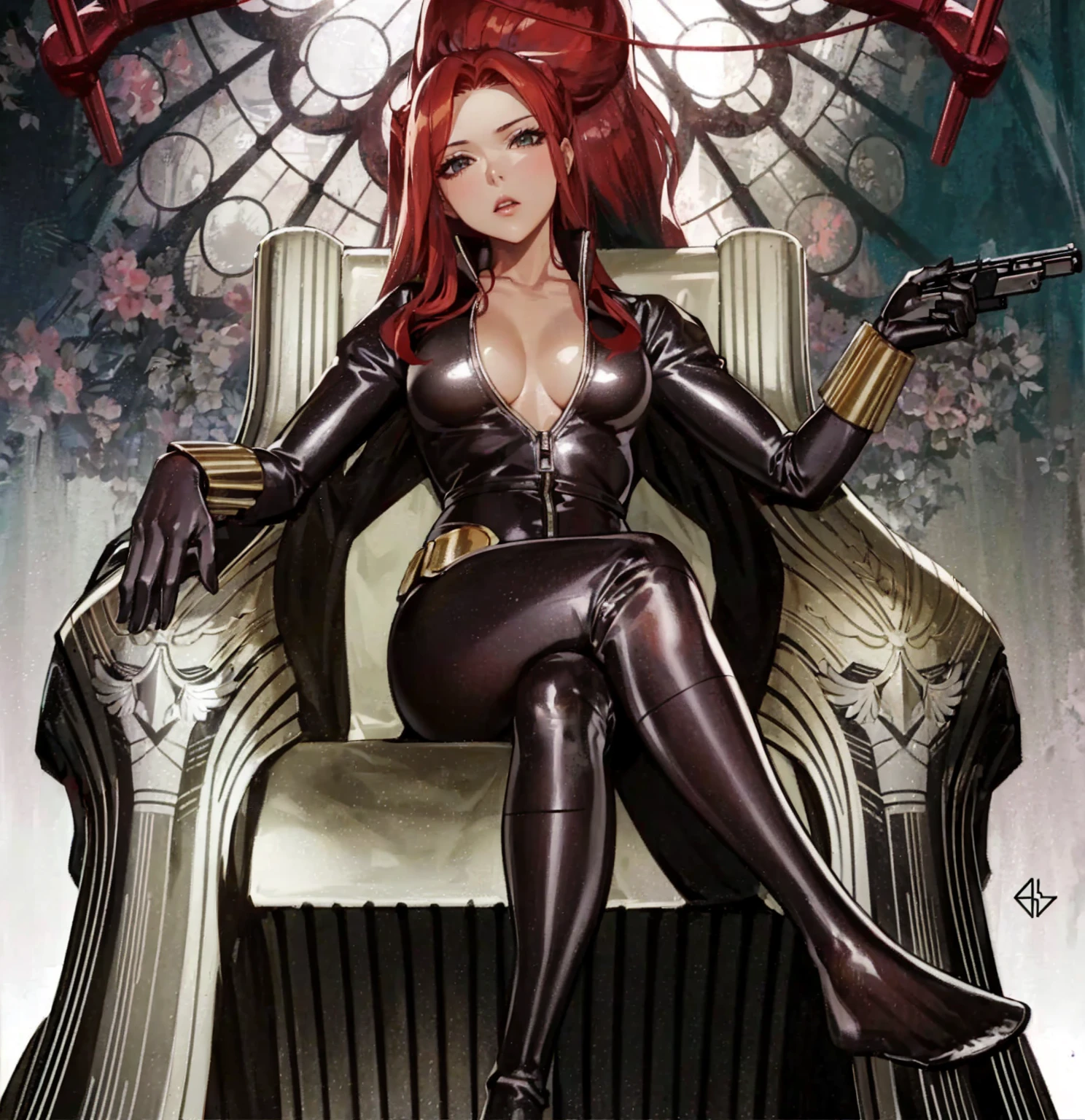 The image depicts a red-haired girl sitting on a throne. She sports a sleek skin-tight shiny black latex bodysuit with a deep-cut zipper neckline revealing a large chest, the silver zipper running down the front. The suit is complemented by her golden wrist guard on both wrists and a belt of shiny golden circles around her waist. The girl is portrayed as holding a gun in each of her hands, highlighting a sense of power and assertiveness. The backdrop consists of architectural features and the colour palette predominantly includes shades of gray.