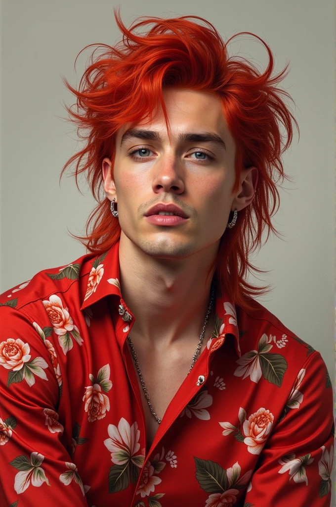 Create a picture with a singer who wears a red mullet and a red flower shirt.. He is called Stanley Bauer