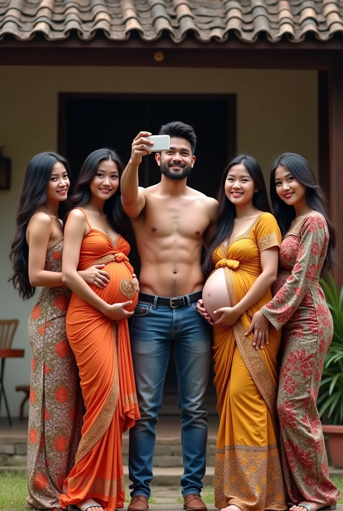 2 beautiful young Indonesian women with long hair, curvy and cute,and a handsome young Indonesian man, muscular physique, Two heavily pregnant women are adjusting long Punjabi dresses while holding their bellies. A man stands in the middle, shirtless and wearing tight, short jeans, taking a selfie in front of a house, looking at the camera. 