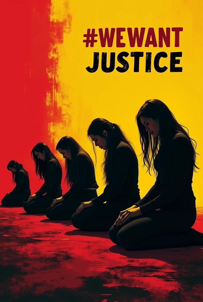 A poster of protest against rape victims and murder showing womans in black shades crying kneeling down in red and yellow backgrounds with pamphlet #WE WANT JUSTICE and keep some space below for writings