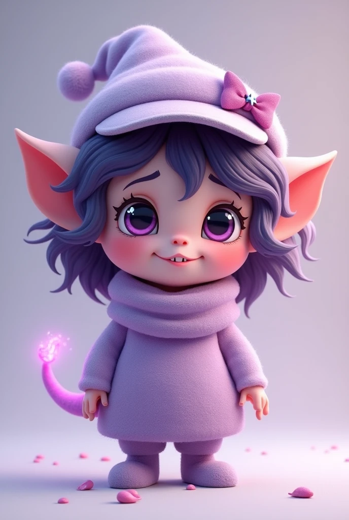 Cream is a (5 years in imp years) who wears oversized lavender clothing and a lavender scarf around her neck. She has dark purple, fluffy hair, with even more fluffy hair at the back. Cream wears a purple-gray visor adorned with a purple bow and a drawn star in the center. Her eyes have magenta pupils, although the creator often depicts them with black pupils. She has a purple mouth with two cute fangs. Cream also has an imp's tail—a light purple, glowing tail that is mostly hidden by her clothing. She is uncomfortable showing her imp features but allows her siblings or cousins to see them.