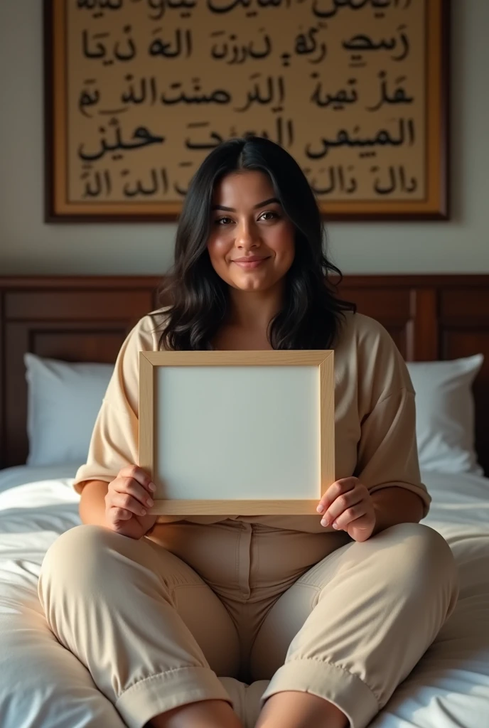 Une femme brune. Les cheveux raides, pas longs, de couleurs noirs. Une femme un peu volumineuse par sa forme physique. Assise dans une grande chambre d'hôtel, sur un lit de l'hôtel, souriante, la tête droite, le regard droit fixé vers l'avant, portant dans ses mains une grande photo qu'elle montre bien vers l'avant de sorte que la photo qu'elle montre soit un peu décollée de sa poitrine et derrière elle, accroché sur le mur, un tableau avec des écritures en arabe bien lisible.