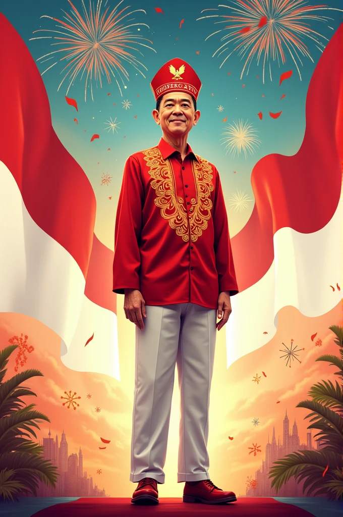 A man wearing a red shirt, White pants and shoes, and a hat with the Garuda bird emblem and the Indonesian Independence Day logo. Red and white background with flag elements and fireworks, creating a patriotic atmosphere.
A man wearing a red shirt, White pants and shoes, and a hat with the Garuda bird emblem and the Indonesian Independence Day logo. Red and white background with flag elements and fireworks, creating a patriotic atmosphere.