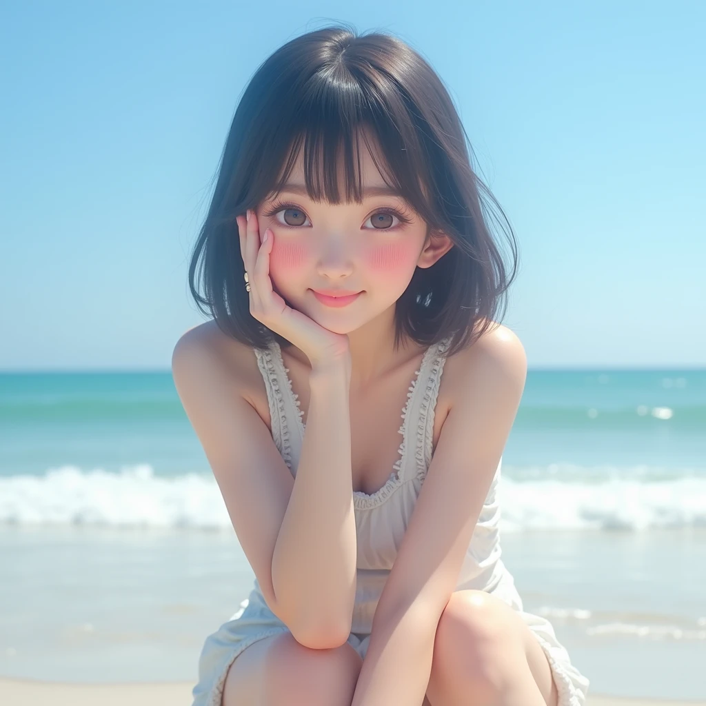 Ultra Realistic, Photo, Top Quality, 8K, 32K, Cute Japanese Woman, beach, happy, smiling, blush, knee high, blue sky, shoulder length hair, photo, blurred background only, detailing,